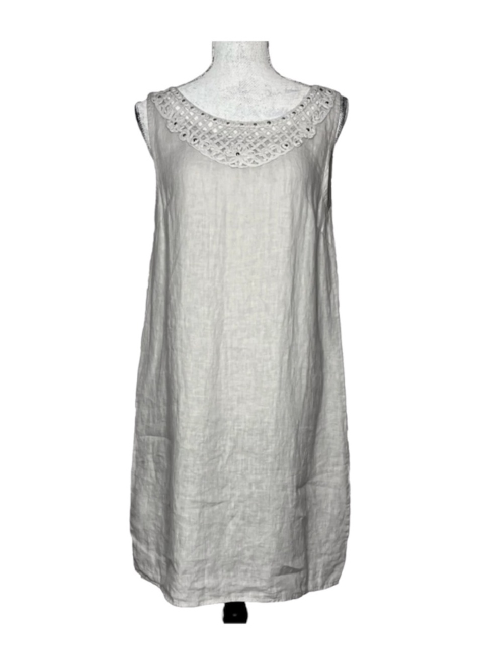 Bellambra 100% Linen Dress Studded Crochet Neck Made In Italy Women's M